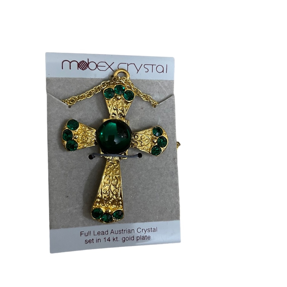 Austrian Cristal 2” Green Cross Necklace 14kt. Gold Plate